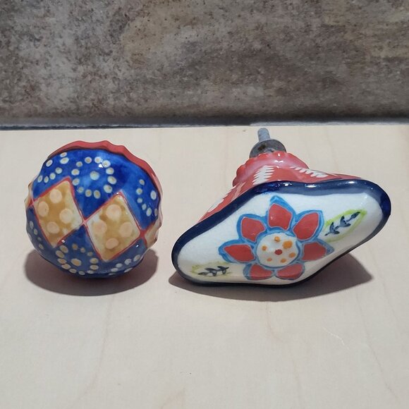 Two Decorative Multi Colored Ceramic Drawer Cabinet Knobs - Picture 1 of 10